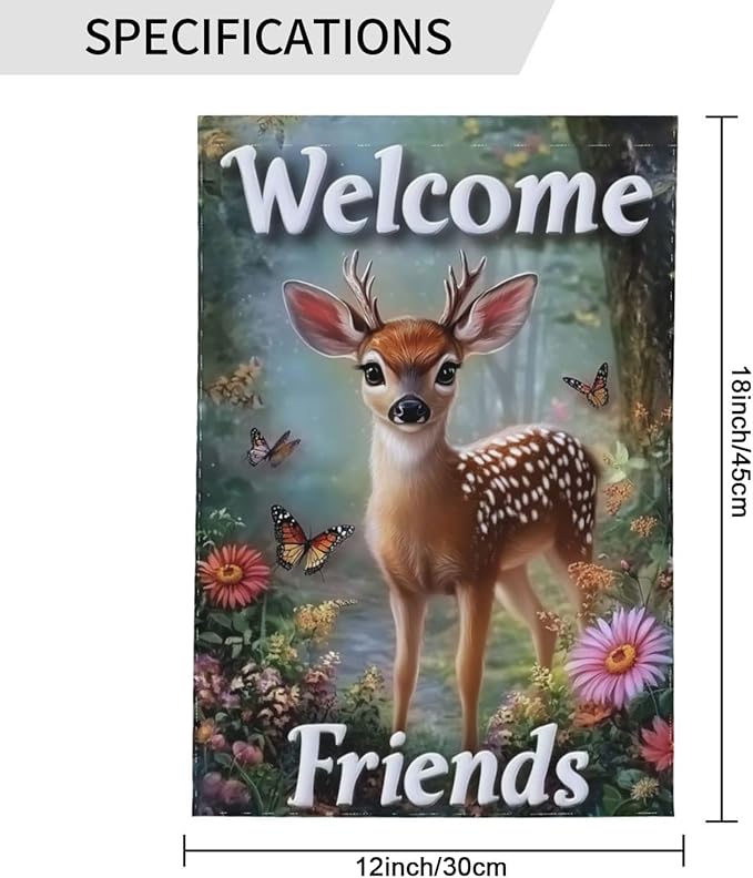 Beautiful Deer Garden Flags 12×18 Inch Welcome Friends Double Sided Decorative Yard Banner Seasonal Flag for Outdoor Outside Decor
