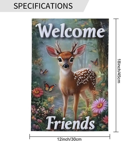 Beautiful Deer Garden Flags 12×18 Inch Welcome Friends Double Sided Decorative Yard Banner Seasonal Flag for Outdoor Outside Decor