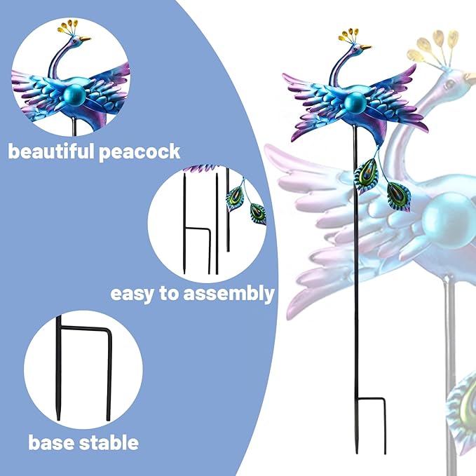 WONDER GARDEN Wind Spinners Outdoor - 2 Pack Small Metal Blue Peacock Wind Spinner Windmill, Wind Sculpture for Yard Patio Lawn Decor