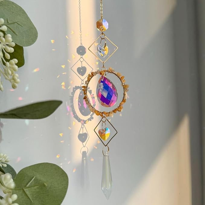 Crystal Suncatchers Window Hanging Wind Chime Pendant Ornament with Rough Stones Amethyst,for Home, Garden Tree Plants, and Meditation Decor (Yellow)