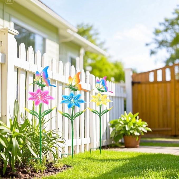 Metal Garden Flowers for Outside, 30.3-22.4" 3-Pack Colorful Butterfly & Flower Decorative Garden Stakes for Spring Garden Decor, Yard Art Decorations for Patio Lawn