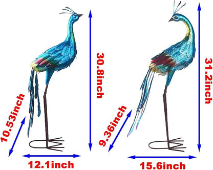 Metal Colorful Peacock Statues Set of 2 Garden Sculptures for Outdoor Indoor Yard Art