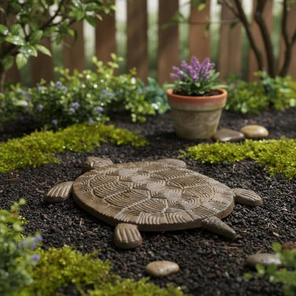 Comfy Hour 13" Heavy Duty Cast Iron Sea Turtle Stepping Stone, Decorative Metal Garden Paver for Outdoor Walkway & Yard, Weatherproof Coastal Yard Art Decor, Antique Brown (Light Brown)