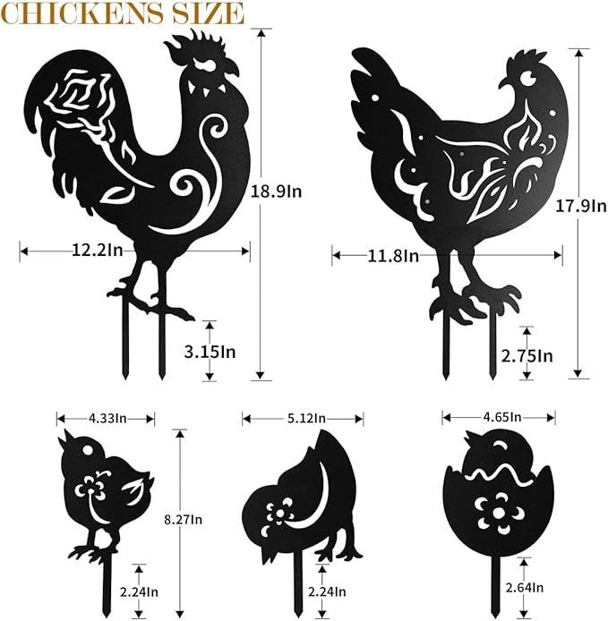 Chicken Metal Yard Art Animals Stakes,5PCS Outdoor Large Black Chickens Family Silhouette Country Garden Sculpture Set,Rooster Mother Hen and Chicks