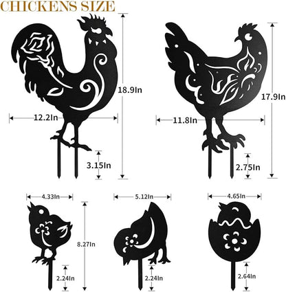 Chicken Metal Yard Art Animals Stakes,5PCS Outdoor Large Black Chickens Family Silhouette Country Garden Sculpture Set,Rooster Mother Hen and Chicks