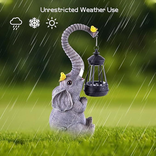 Elephant Garden Statues with Solar Lantern Outdoor Elephants Figurine Resin Elephant Sculpture Solar Lights for Decoration Yard Patio Balcony Lawn Ornament Art Decor, Unique Gift for Grandma Wowen Mom