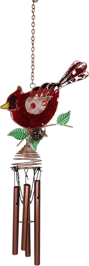 Ebros Gift Artistic Stained Glass Red Cardinal Bird Perching On Twig Branch Copper Metal Wind Chime 24.25" Long Hanging Mobile Outdoor Patio Garden Decor Accessory