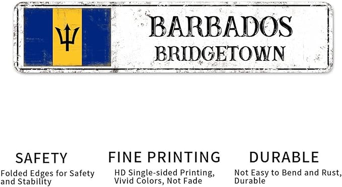 Personalized Barbados Street Sign Barbados Flag Metal Sign Capital City of Barbados Metal Sign Road Wall Art Rustic Country City Indoor & Outdoor Decor for Home Man Cave Door Porch Garden 18x4in