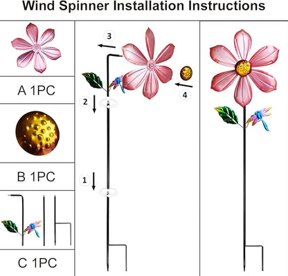 Metal Outdoor Flower Wind Spinner with Pink Floral & Gold Dragonfly, Decorative Kinetic Wind Sculpture for Yard, Garden, Patio, Lawn - Vibran Garden Art & Lawn Ornament for Outdoor Decor