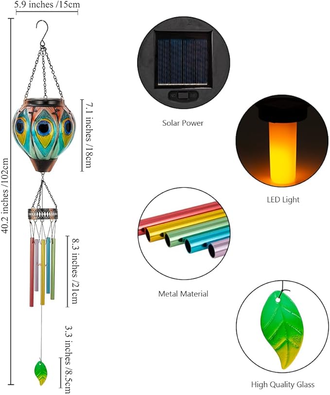 Starsoul Solar Wind Chimes for Outside, Peacock Hot Air Balloon with Flickering Flame Solar Wind Chime, Glass Windchimes Outdoors Garden Decor, Gift for Mother's Day Mom Grandma
