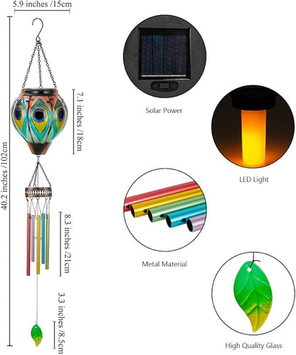 Starsoul Solar Wind Chimes for Outside, Peacock Hot Air Balloon with Flickering Flame Solar Wind Chime, Glass Windchimes Outdoors Garden Decor, Gift for Mother's Day Mom Grandma
