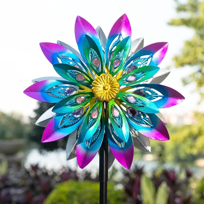 360° Metal Wind Spinner Outdoor,13" Kinetic Wind Sculptures for Yard and Garden with Metal Stak,Large Waterproof Pinwheels Gift for Women, Mom, Grandama