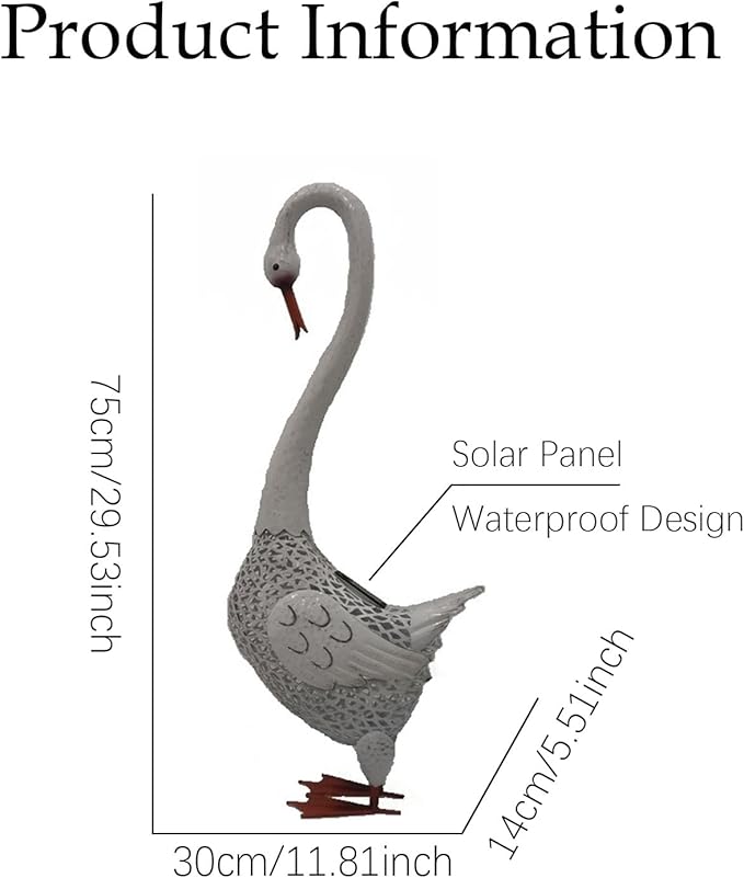 Large Swan Statue Garden Decor with Solar Powered Light, Hand-Painted Iron Art with Hollow Carved Design, Waterproof Outdoor Sculpture for Garden, Yard, Pond, Lawn and Pathway,Tall