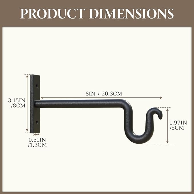 Plant Hook Plant Hanger, 2 Pack 8 Inch Plant Bracket, Metal Plant Wall Hooks for Hanging Flower Basket, Lanterns, Bird Feeder, Wind Chimes Indoor & Outdoor.