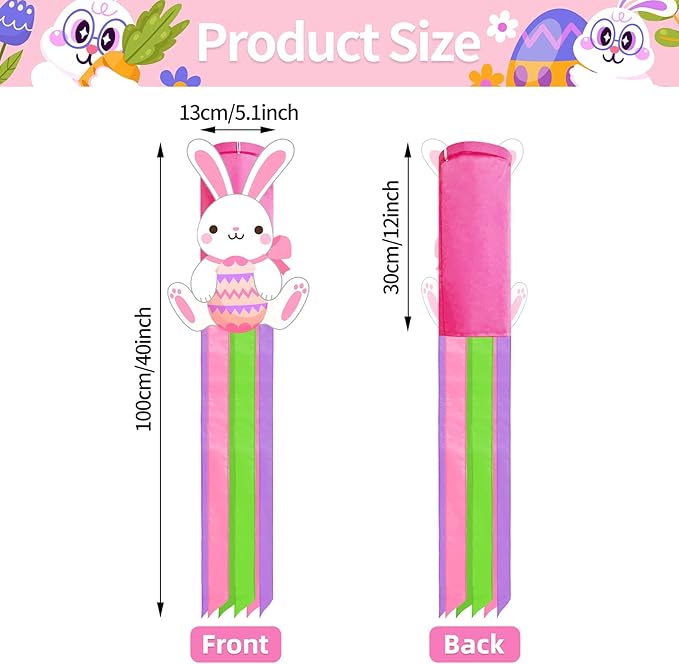 40 Inches Easter Bunny Windsock Decorations, Hanging Outdoor Spring Decor with Colorful Streamers and Cute Rabbit Egg Design, Festive Holiday Wind Sock Ornament for Outside Garden, Patio, and Yard