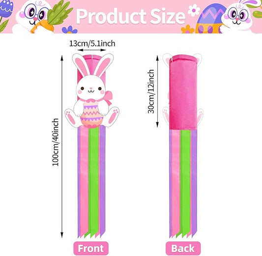 40 Inches Easter Bunny Windsock Decorations, Hanging Outdoor Spring Decor with Colorful Streamers and Cute Rabbit Egg Design, Festive Holiday Wind Sock Ornament for Outside Garden, Patio, and Yard