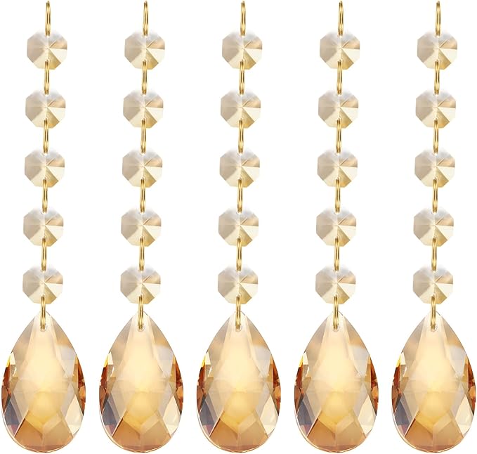 PATIKIL Teardrop Crystal Chandelier Pendants Beads, 5 Pack 135mm Length 38mm Chandelier Prisms Parts Ornaments Hanging Beads for DIY Arts Crafts Decoration, Electroplating Gold Tone