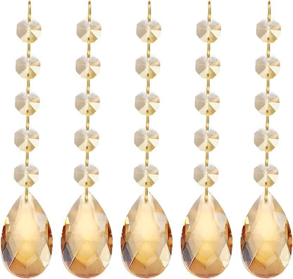 PATIKIL Teardrop Crystal Chandelier Pendants Beads, 5 Pack 135mm Length 38mm Chandelier Prisms Parts Ornaments Hanging Beads for DIY Arts Crafts Decoration, Electroplating Gold Tone