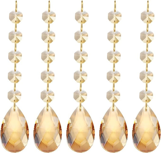 PATIKIL Teardrop Crystal Chandelier Pendants Beads, 5 Pack 135mm Length 38mm Chandelier Prisms Parts Ornaments Hanging Beads for DIY Arts Crafts Decoration, Electroplating Gold Tone