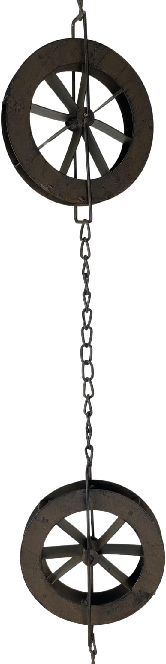 Things2Die4 78-Inch Metal Rain Chain with 6 Water Wheels & Weighted Bell, Rustic Brown Finish, Decorative Downspout Alternative for Rainwater Collection, Outdoor Garden Décor