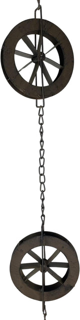 Things2Die4 78-Inch Metal Rain Chain with 6 Water Wheels & Weighted Bell, Rustic Brown Finish, Decorative Downspout Alternative for Rainwater Collection, Outdoor Garden Décor