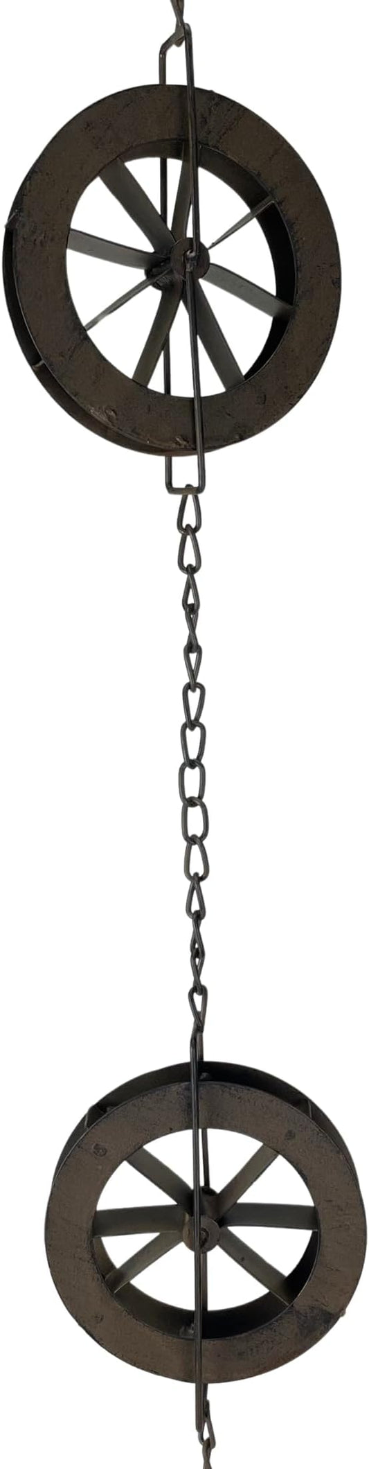 Things2Die4 78-Inch Metal Rain Chain with 6 Water Wheels & Weighted Bell, Rustic Brown Finish, Decorative Downspout Alternative for Rainwater Collection, Outdoor Garden Décor
