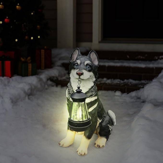 Husky Dog Garden Statue with Solar Lantern, 14.2" Outdoor Resin Puppy Figurine with Welcome & On Patrol Sign, Waterproof Pet Sculpture for Patio Yard Porch Decor, Dog Lover Gift