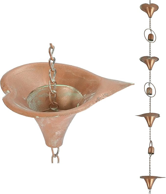 Metal Calla Lilies and Bells Rain Chain for Outside, Functional and Decorative Replacement Downspout Chain for Heavy Rain, Rain Catcher Chain for Gutters, 8.5FT, Patina Golden