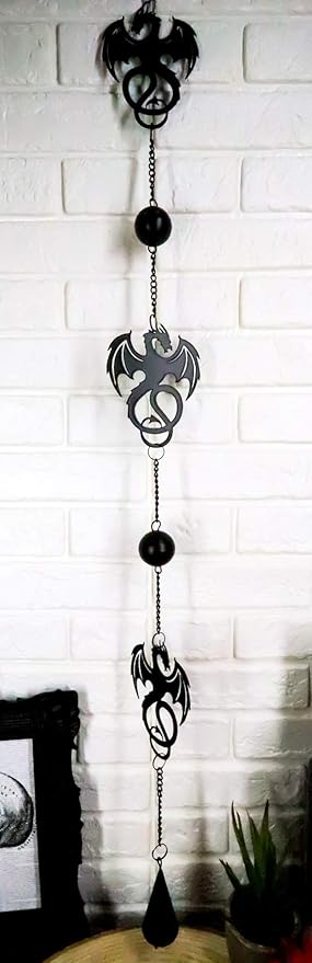 Ebros Black Coated Steel Metal Wyverex Alchemy Folklore Dragon Wall Hanging Wind Chime with Beads 38" L Home and Patio Decor Medieval Fantasy Dungeons and Dragons Mobile Noisemaker