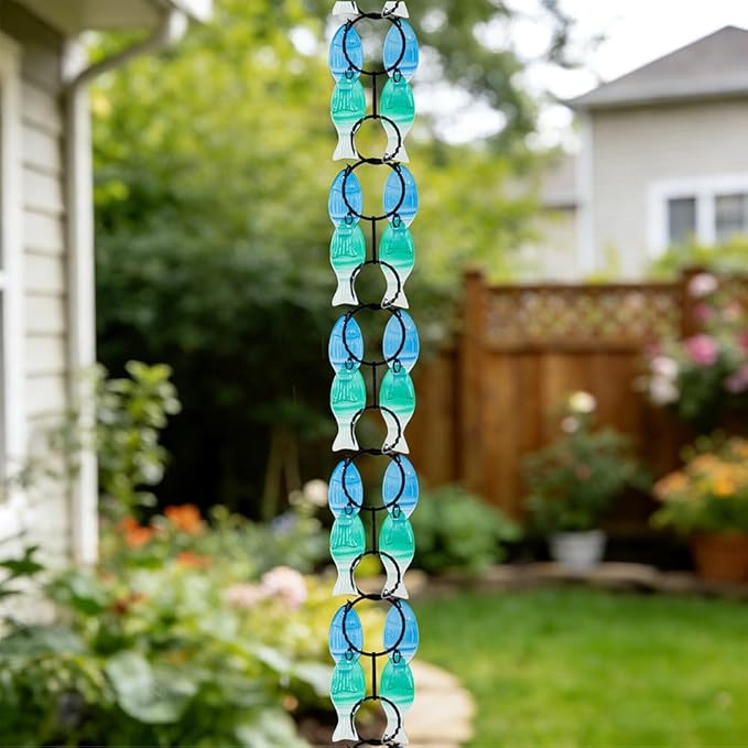dreamysoul Rain Chains for Outside, 7.87FT Adjustable Blue Glass Rain Chain, Fish Shpe Decorative Rain Catcher Chains for Gutters, Downspout, Eaves, Drainage