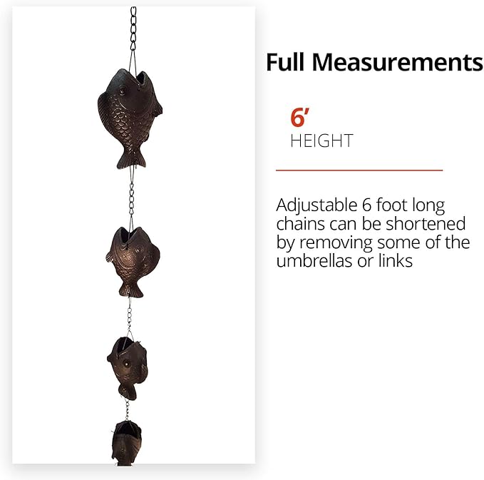 NACH Decorative Fish Rain Chain, Heavy Duty Cast Iron Rain Chains for Gutter, Downspout, Drain, 72" (6ft), JS-RNC008