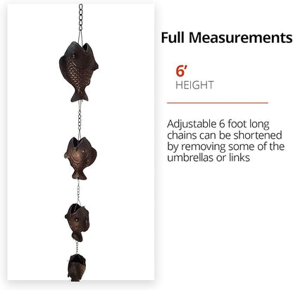 NACH Decorative Fish Rain Chain, Heavy Duty Cast Iron Rain Chains for Gutter, Downspout, Drain, 72" (6ft), JS-RNC008