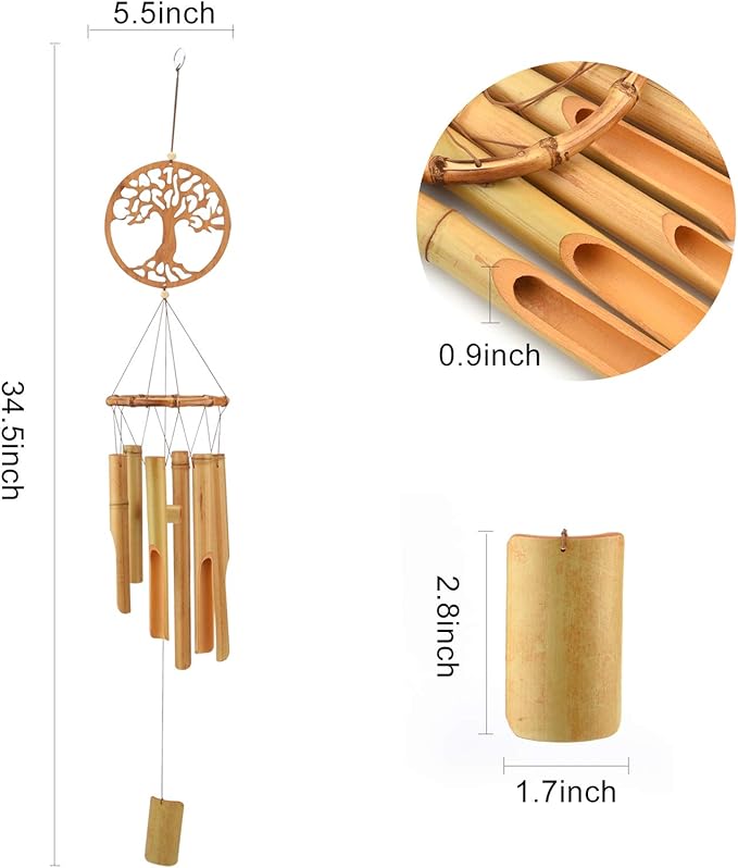 XINRUI Bamboo Wind Chimes, Tree of Life Wooden Wind Chime Kit Natural Decor Music Soothing Wind Bell Hanger Wind Chime Tubes Clearance Gifts for Garden, Outdoor, Outside, Patio and Home(34.5 inches)