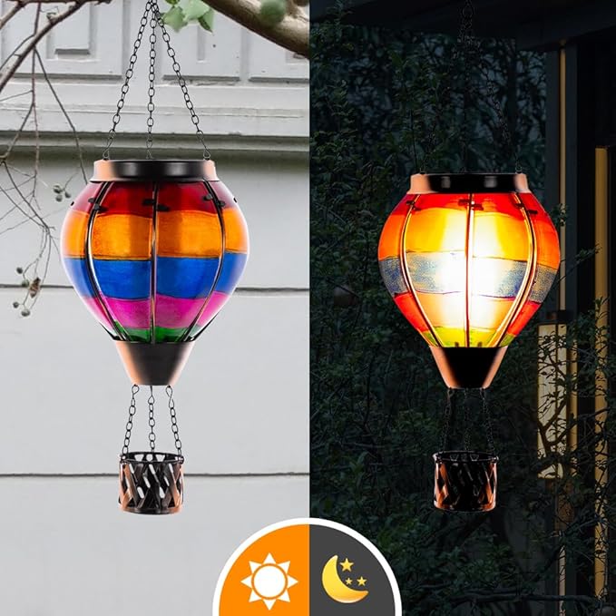 10 FT Rain Chain for Outside with 10 Bee Pattern Cups, Unique Hot Air Balloon Solar Lantern with Flickering Flame, Outdoor Decorative for Patio, Garden, Porch