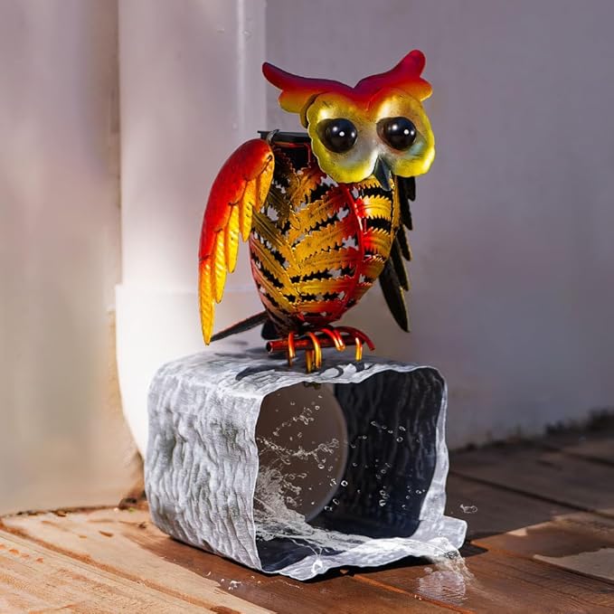 Owl Metal Gutter Downspout Extensions with Solar Powered Lights, Outdoor Waterproof Splash Block Sculpture Garden Decor, Animal Statue Ornaments for Garden, Yard, Lawn
