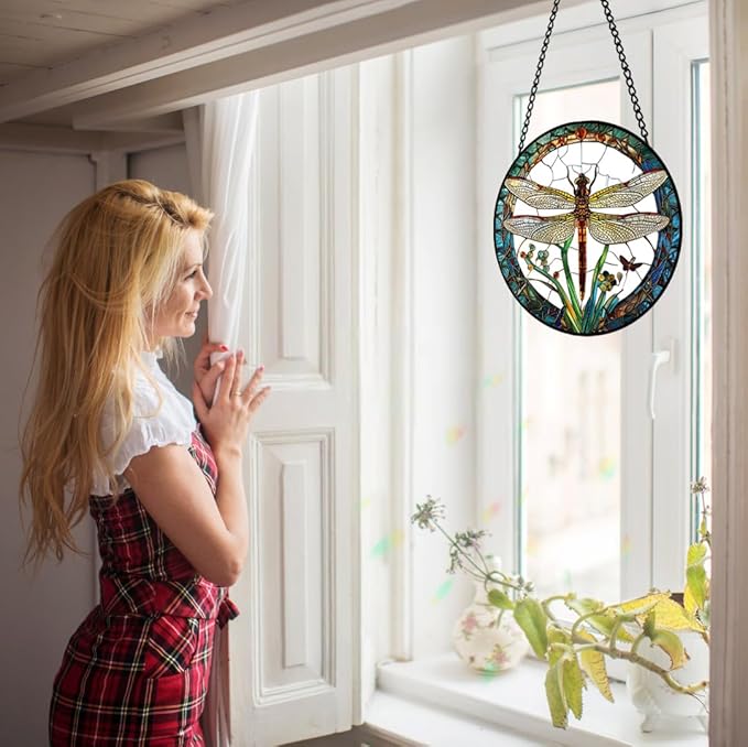 Dragonfly Suncatcher Stained Glass Window Hanging - 8″ Handmade Dragonflies Plant Suncatchers for Windows Hanging - Sun Catchers Christmas Decorations Glass Panel - Birthday Gifts for Women Men Mom