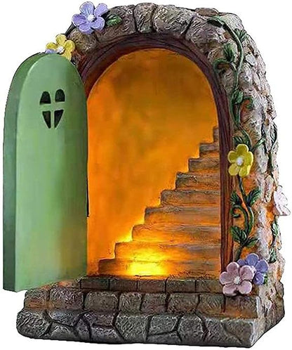 FitBest Fairy Garden Doors Decoration, Solar Miniature Door Sculpture, Outdoor Garden Statue for Tree Yard Lawn Patio Ornament Decoration