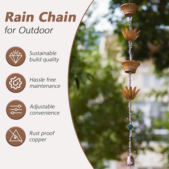 Lotus Rain Chains for Outside, 9.8FT Rain Gutter Chain with 16 Cups, Adjustable Rain Catcher Chain for Eaves Drainage, Replacement for Downspout