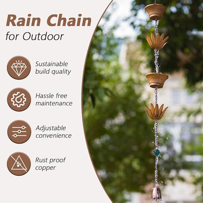Lotus Rain Chains for Outside, 9.8FT Rain Gutter Chain with 16 Cups, Adjustable Rain Catcher Chain for Eaves Drainage, Replacement for Downspout