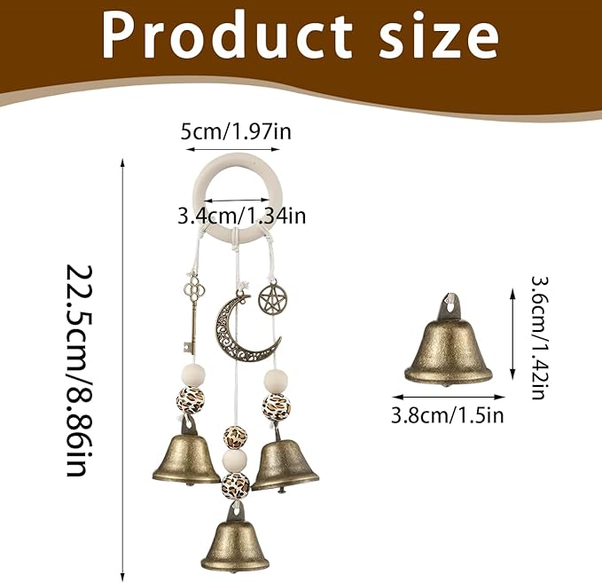 Witch Bells for Door Knob, Boho Hanger Wind Chimes Protection, Witchy Things Bell Strings with 3 Bells, Witchcraft Supplies Door Bell, Vintage Witch Decor for Home Room (Bronze-Colored)
