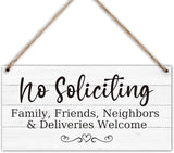 Wood Hanging Decor Sign, No Soliciting, Welcome Friend Family Neighbor, Rustic Wood Front Door Plaque Wall Art Decor Gift, 10" x 5" Wood Decor Hanging Sign for Porch Yard Garden Home Farmhouse-03