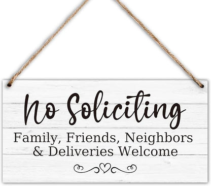 Wood Hanging Decor Sign, No Soliciting, Welcome Friend Family Neighbor, Rustic Wood Front Door Plaque Wall Art Decor Gift, 10" x 5" Wood Decor Hanging Sign for Porch Yard Garden Home Farmhouse-03