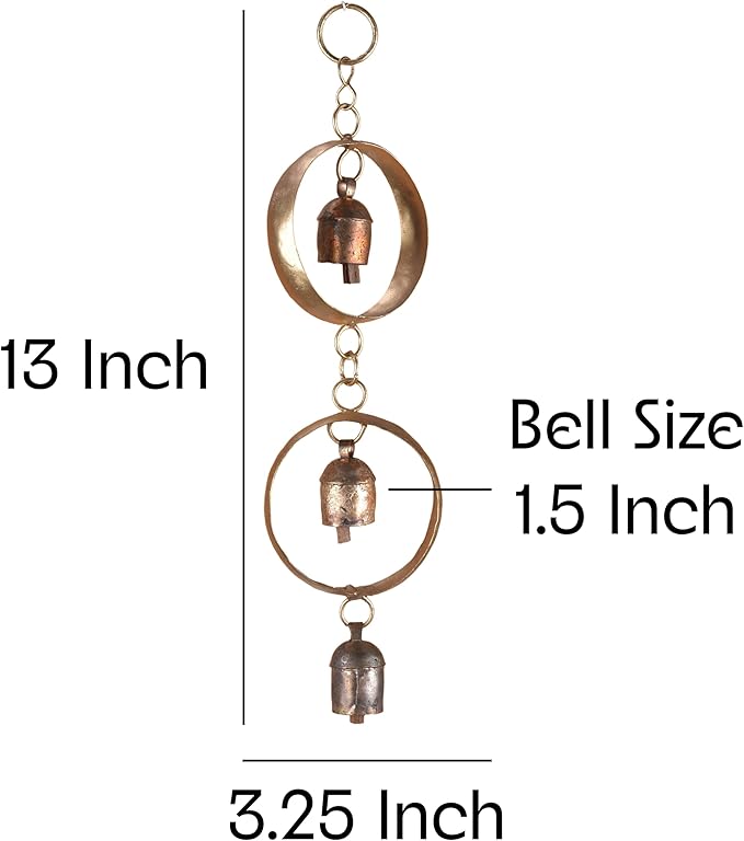 Wind Chimes for Outside Decor – Rustic Metal Yard Ornament with 3 Hanging Bells – Handmade Outdoor Porch or Entryway Accent – Indian Craft Deep Tone Garden Decoration Gift, 13 x 3.25 Inch