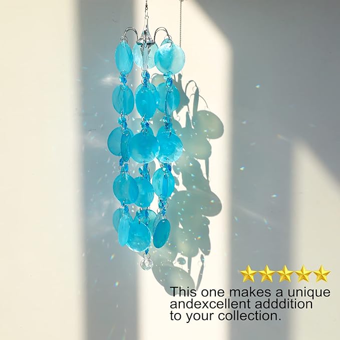 23.6 inch Capiz Shell Wind Chime Outdoor Indoor Hanging, Blue Shell Wind Chimes for Outside, Crystal Wind Chime Pendant, Handemade Gift for Housewarming