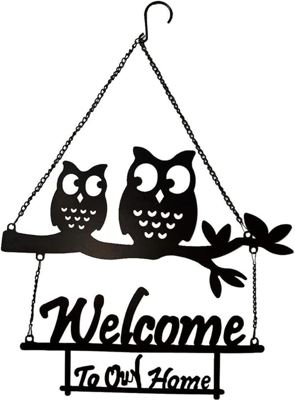 Metal Hanging Owl Welcome Sign Wall Decor,Decorative Rustic Owl hanging Sign for Front Door Yard Patio Indoor Outdoor Wall Decoration