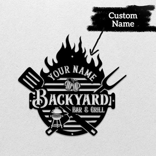 MeMate Backyard Sign and Decor Outdoor, Customized Backyard Bar and Grill Metal Sign, Personalized Outdoor Metal Signs, Large Plaque Wall Hanging Art for Patio, Men Caves, Restaurants