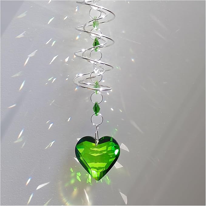 Big Heart Crystal Sun Catchers for Windows Hanging, Double-Spiral Design Gazing Ball Spiral Tail, Rainbow Maker Prism, Sun Catchers Indoor Window for Kitchen, Patio, Porch, Garden(Green)