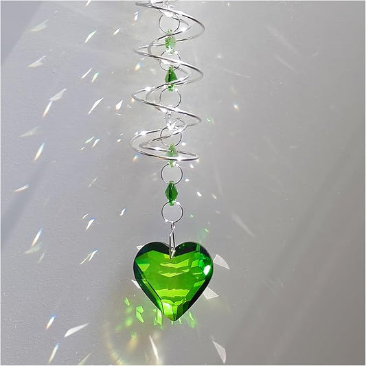 Big Heart Crystal Sun Catchers for Windows Hanging, Double-Spiral Design Gazing Ball Spiral Tail, Rainbow Maker Prism, Sun Catchers Indoor Window for Kitchen, Patio, Porch, Garden(Green)