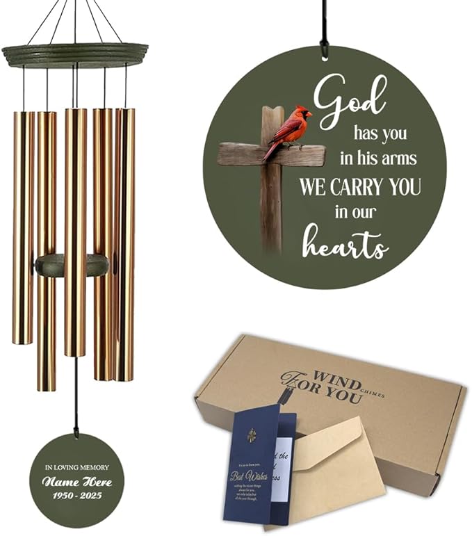 Personalized Wind Chimes, God Sympathy Gifts, 36inch Memorial Wind Chimes, Cross Windchime for Loss of Loved Dad/Mom, Cardinal Wind Chime for Funeral Outside Decor (Produced in USA)