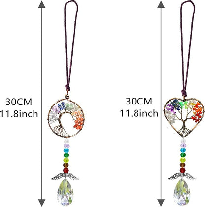 Healing Crystal Decor Tree of Life Car Hanging Accessories Suncatcher with Wings 7 Chakras Window Wall Hanging Decor Meditation Ornaments Home Decoration (Heart+Round)